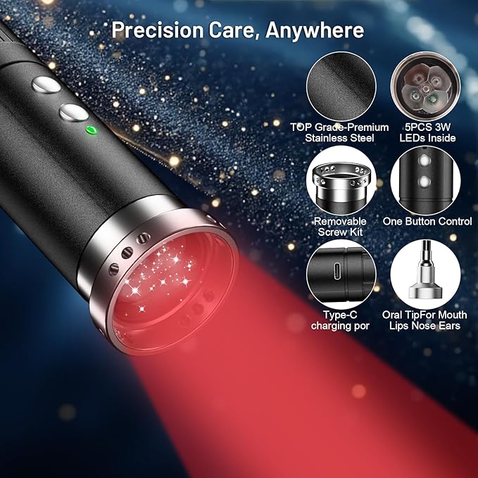 HomeCare 5-in-1 Red Light Therapy Wand, Portable Handheld Red Light Therapy Device for Body & Face Care, 5 Wavelengths & 10Hz Pulse, 4 Light Modes for Home Wellness, Rechargeable with Memory Function