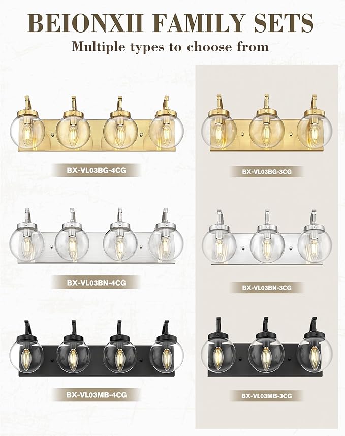 Beionxii 4-Light Bathroom Light Fixtures, Black Bathroom Vanity Light with Clear Glass Shade, Modern Vanity Lighting Fixtures Over Mirror Living Room Hallway, BX-VL03MB-4CG
