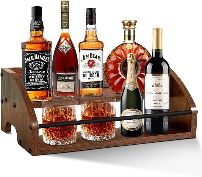 Rustic Wooden Countertop Organizer Brown - Liquor Bottle Display Shelf, Coffee Syrup Rack, Mini bar, Liquor Cabinet, Home Retro Bar Shelf Stand for Liquor Whiskey, Spirits