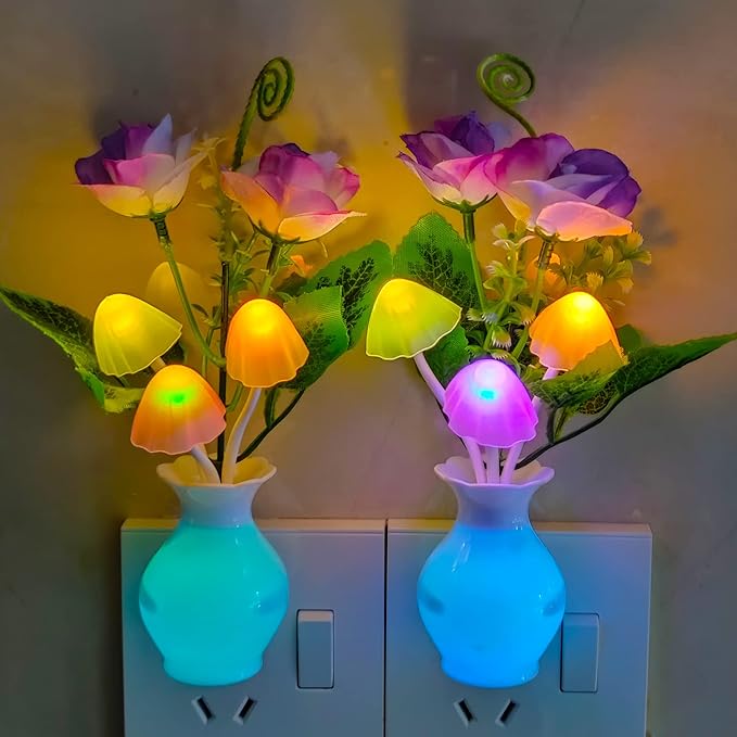 AUSAYE 2Pack Led Night Light Plug in Sensor Light, Energy Saving Lamp Dream Nightlight Rose Flower Mushroom Night Lights for Kids Adults Bedroom,Bathroom,Living Room,Stairs, Kitchen,Hallway