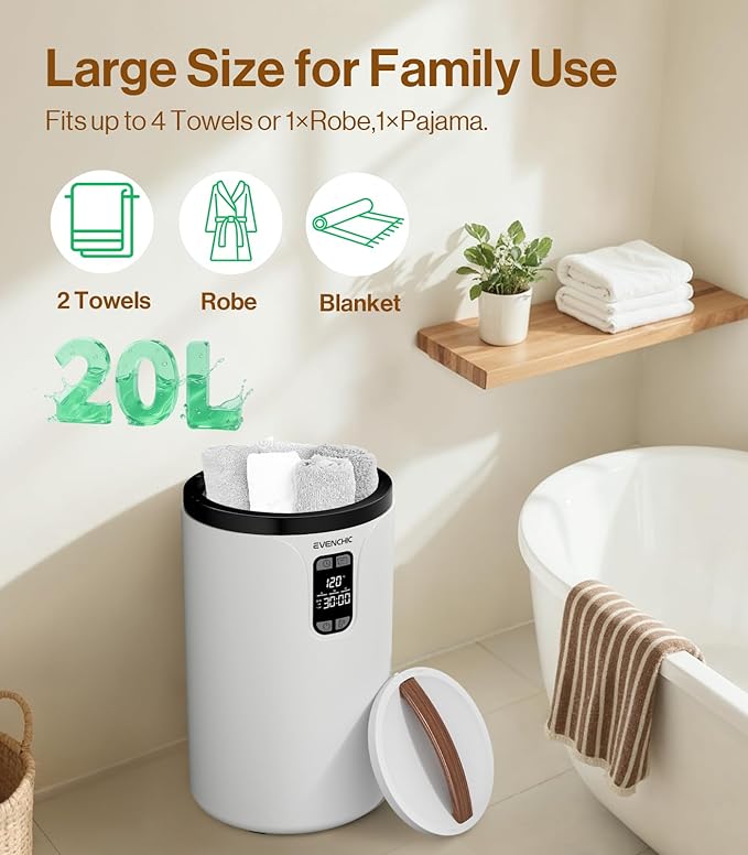 Evenchic Towel Warmer, 20L Hot Towel Warmers for Bathroom with 24H Timer, Temperature Adjustable, LED Display, Auto Shut Off, Even Heated for Oversized Towels, Bathrobes, Valentine Gifts
