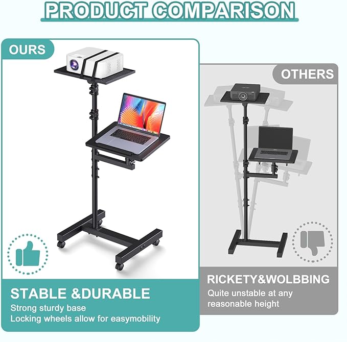 Facilife 2 Shelves Projector Stand Tripod, Height Adjustable Max 64", Mobile Laptop Cart on Wheels Projector Tripod Stand, Overbed Table with Wheels, Rolling Laptop Floor Stand for Couch