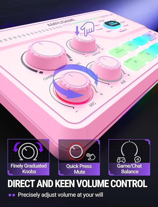 FIFINE Streaming Audio Mixer with XLR Mic Interface & 7.1 Surround Sound, Gaming RGB Mixer for PC/PS4 with Individual Volume Knob, 3 EQ Mode, 48V Phantom Power,Voice Changer-AmpliGame SC8P