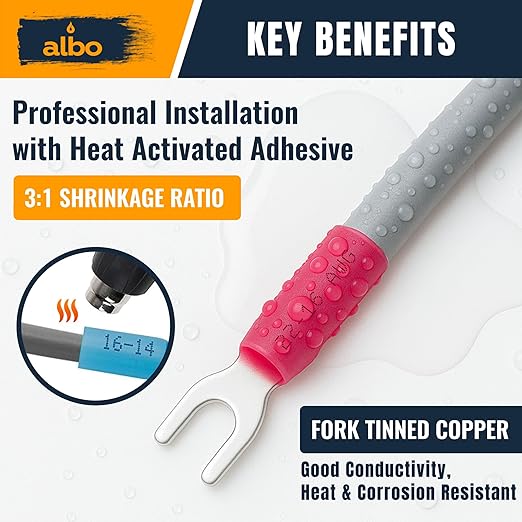 200PCS Red Heat Shrink Fork Spade Connectors #10 – 22-16 AWG Tinned Copper Terminals, Waterproof Wire Crimp Kit for Automotive, Marine, Speaker & Electrical Wiring