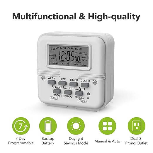 BN-LINK Indoor Digital Light Timer, 7 Day Programmable Plug with 2 Independent 3-Prong Outlets, for Lamps, Fans, 2 On/Off Settings, 1 Pack, 15A/1875W, ETL Listed