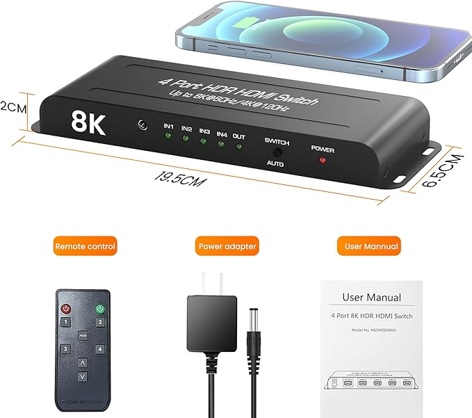 8K HDMI 2.1 Switch 4 in 1 Out, FERRISA 4K@120Hz HDMI Switcher Selector 4 Port with IR Remote Support 8K@60Hz, Auto Switch, HDCP 2.3, HDR 10+, VRR, CEC for Xbox, PS5, Fire Stick, Projector