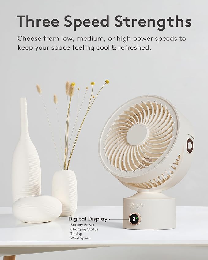 CARONSORT Desk Fan, Small Oscillating Fan for Bedroom, 9 Inch Table Fans Quiet,Desk Air Circulator Fan with 3 Speeds, 4H Time, Rechargeable Fan for Office/Dorm/Room-Beige
