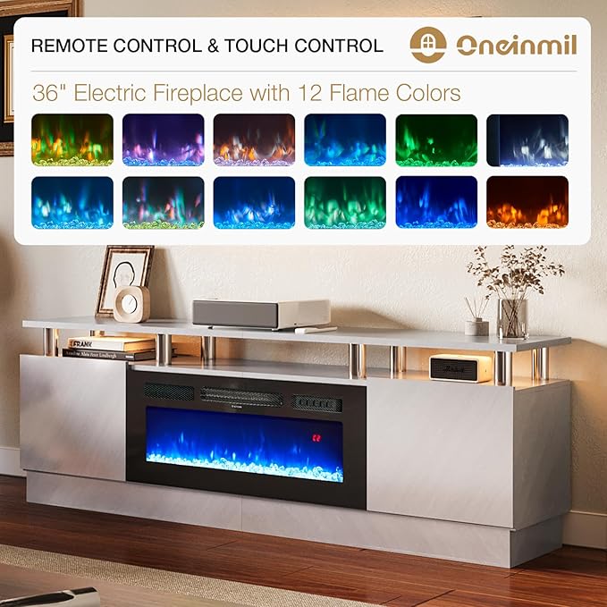 oneinmil 36" Electric Fireplace Integrated TV Stand - 70" 2-Tier Console for TVs up to 80", Ideal for Living Room Settings, Gray