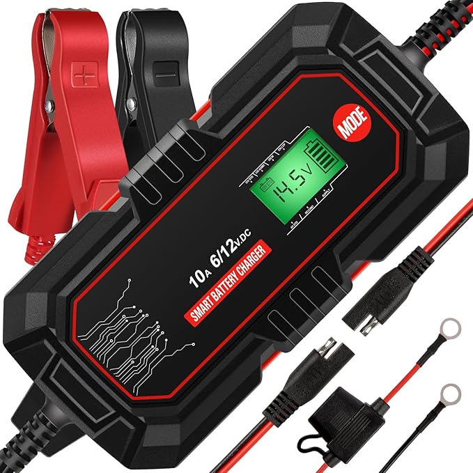 Sailnovo 10A Car Battery Charger, 6V and 12V Car Trickle Charger, 10-Stages 14.6 Volt LiFePO4 Battery Maintainer with Supply Mode for Motorcycle Car Lawn Mower Boat Marine Lead Acid Batteries