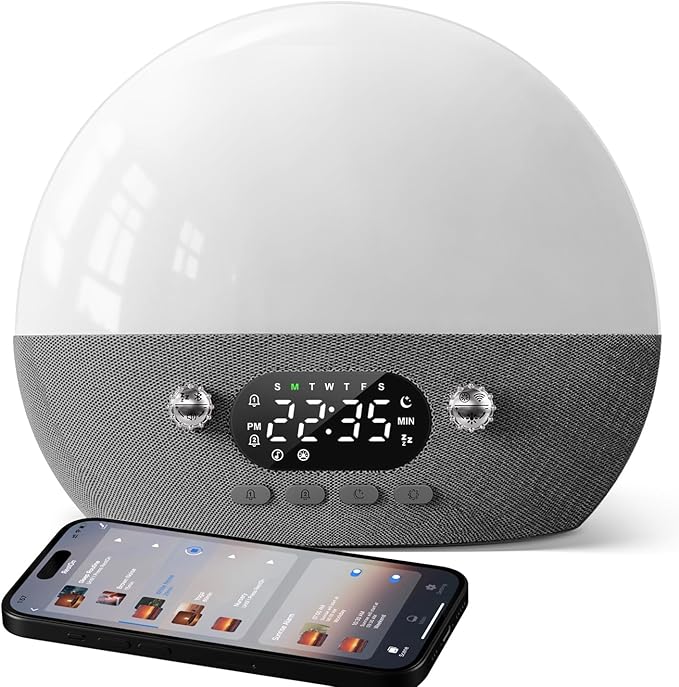 Dekala RestOnn Sunrise Alarm Clock Sunset Sound Machine 7-Day Programmable Loud Dual Alarm Clock, White Noise Natural Sounds for Sleeping Bluetooth Speaker Amber Night Light