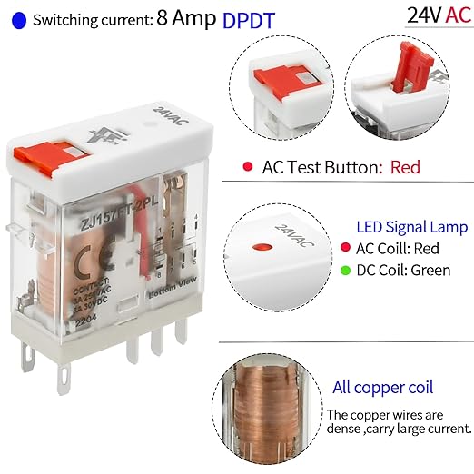 UL Listed 6Pcs 24VAC Relay Electromagnetic Power Relay 8Amp 8Pins DPDT with Test Button, Indicator Light Module and Socket Base 2NO 2NC AC 24V