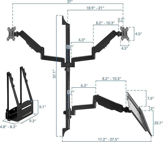 Mount-It! Wall Mount Workstation with Dual Monitor Mount, Keyboard Tray and CPU Holder, Height Adjustable Full Motion Arms, Fits Two 32 Inch Computer Screens