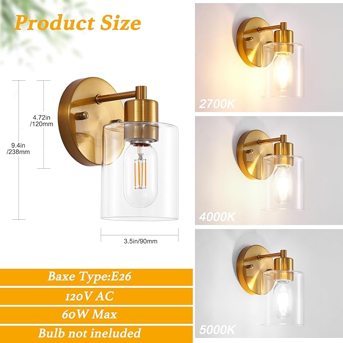 SOPEAS 1-Light Wall Sconce Gold,Vanity Light, Wall Mount Bathroom Mirror Fixtures, Brass Bathroom Light fixtures with Clear Glass Shade for Bedroom, Entrance, Hallway, Living Room (1 Pack)