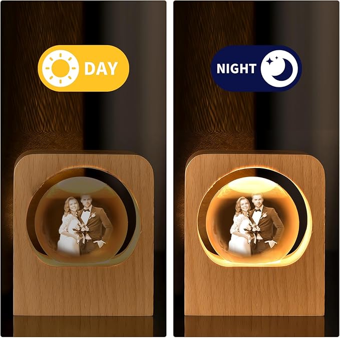 GigaGlow Personalized 3D Crystal Photo Night Light - Custom Engraved Glass Ball with LED Wood Base | Perfect Custom Gift for Family, Pets, Birthday, Valentine's Day