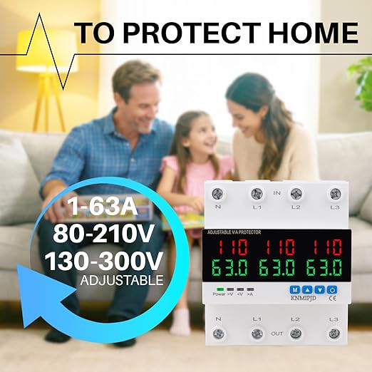 KNMIPJD Over Under Voltage Protection Device, 110V 63A Adjustable Circuit Breaker with LED Display for Real-Time Monitoring of Voltage, Current, Power, Home Commercial Electrical Safety（4P 63A）