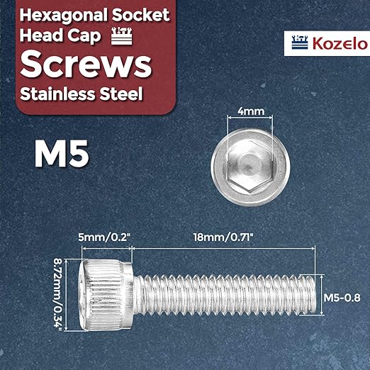 Kozelo 30pcs Socket Head Cap Screws - [M5-0.8 x 18mm] 304 Stainless Steel Allen Socket Drive for Electrical Motor 3D Printing Fan Engine Replacement Use, Silver