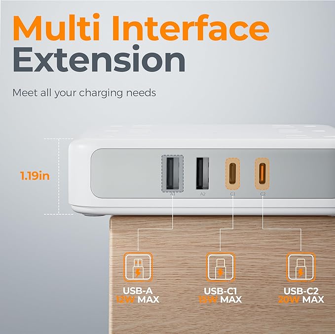 TESSAN Surge Protector Power Strip 2100J, 5 FT Extension Cord with Multiple Outlets Flat Plug, 4 USB (2 USB C) and 6 AC Outlets, Multi Port Charging Station for Home Office Dorm Room Essentials
