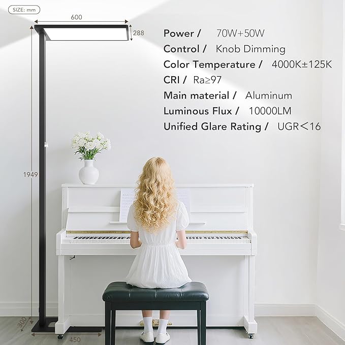 120W LED Floor Lamp, 76.8" Tall Reading Light, 10000LM Knob Dimming Standing Lamp, Full Spectrum Eye Care Reading Lamp, 4000K Natural Daylight for Study Room, Office, Living Room, Bedroom (Black)