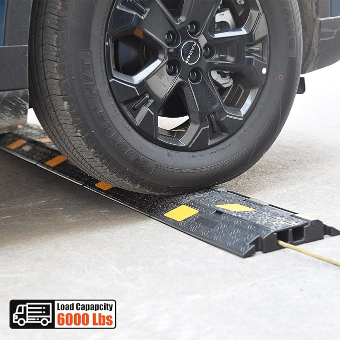 OranLite 6 Pack 2-Channel Rubber Cable Protector Ramp, 17" x 10" x 1.8" inch Interlocking Floor Wire Cord Cable Cover, Visible at Night, Durable Rubber Speed Bump Hump Ramp (2-Channel 6 Pack)