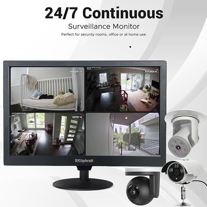 SKitphrati 15.6 Inch Small Computer PC Monitor, 1366x768 Video Screen With HDMI VGA BNC Ports, VESA Mounting, NVR/DVR for Home Office, Built-in Speakers