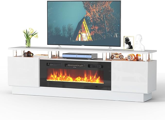 oneinmil Fireplace TV Stand with 36" Electric Fireplace,LED Light Entertainment Center,2 Tier TV Console Stand for TVs Up to 80",Fireplace for The Living Room TV Stand,White