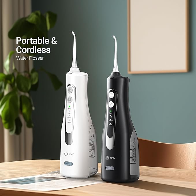 R REVA Cordless Oral Irrigator - 4 Modes Water Flosser for Teeth Cleaning, 300ML Reservoir, 360° Nozzle, IPX7 Waterproof, 2000mAh Rechargeable Battery, 4 Jet Tips, Smart Memory Function (M149 - White)