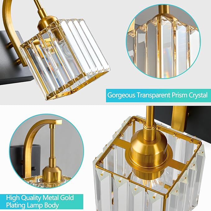 FDPBY Wall Sconces, Set of 2 Black Gold Crystal Vanity Lights, Modern Wall Lamp for Bathroom, Hallway, and Makeup, Easy Installation