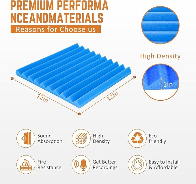 Saiqiang Blue Acoustic Panels 24 Pack 1 x 12x 12 Inches Sound Proof Foam for Wall Soundproof Noise Cancelling Wedge Studio Foam Panels Sound Absorbing High Density