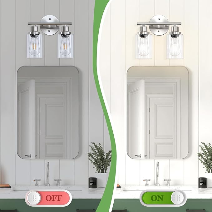 Guliaofo 2-Light E26 Bathroom Light Fixtures, Modern Brushed Nickel Vanity Lights for Bathroom with Clear Glass Shade, Mirror Kitchen Hallway Cabinet Living Room Sconces Wall Lights