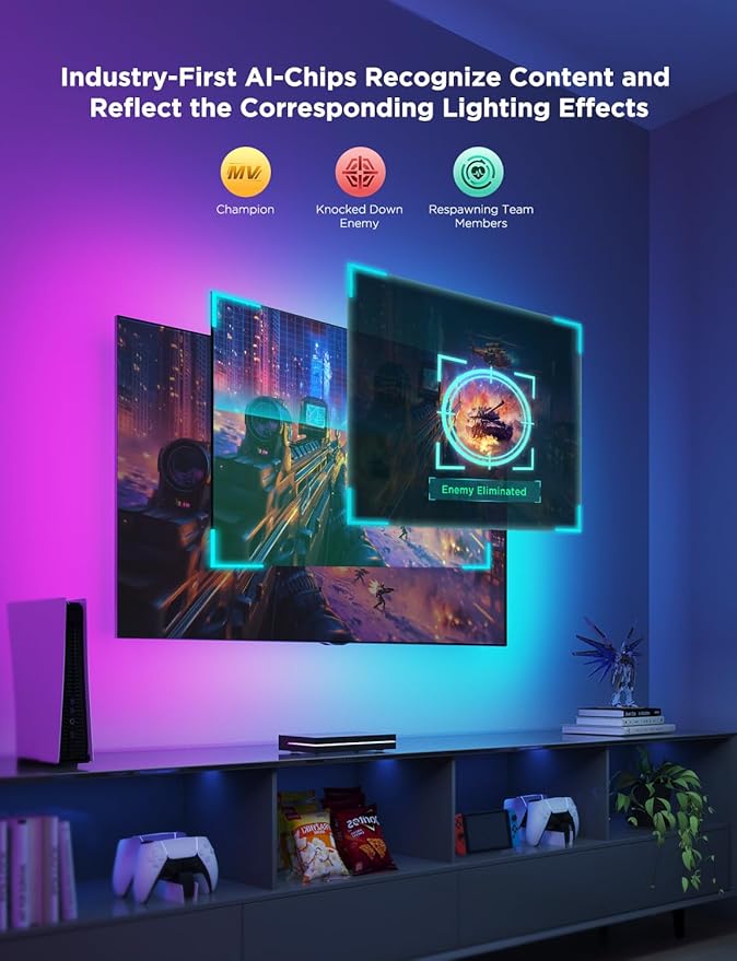 Govee HDMI 2.1 Sync Box 2, AI Sync Box with TV Backlight, Supports 8K@60Hz, 4K@144Hz, VRR and ALLM, Works with SmartThings, Matter and Alexa, RGBIC LED Light Strip for 55-65 inch TVs, 75 LEDs/m
