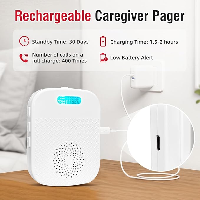 CallToU Caregiver Pager Wireless Call Buttons for Elderly Monitoring Portable Call Bell with 2 Panic Button and 1 USB Receiver,500ft Range Nurse Alert System for Home Care Seniors (FCC Certified)