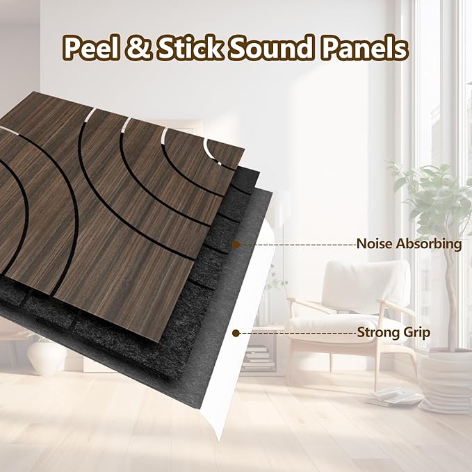 ARMURO 4 Packs Acoustic Wall Panels - Self-Adhesive 3D Wood Slat Wall Panel- Peel and Stick Sound Absorbing Panels for Noise Reducing - Feature Wall Decor for Home & Office