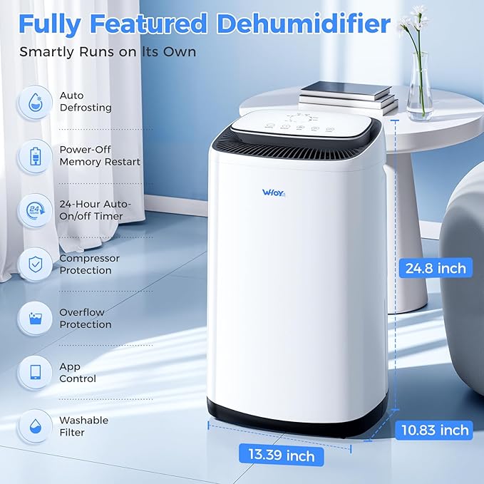 WHOY 5000 Sq.Ft Dehumidifier for Basements 100 Pints, with 2.15 Gallons Water Tank with Darin House and App Control, Smart Compressor Quiet Operation Ideal for Living room, Bathrooms,Home