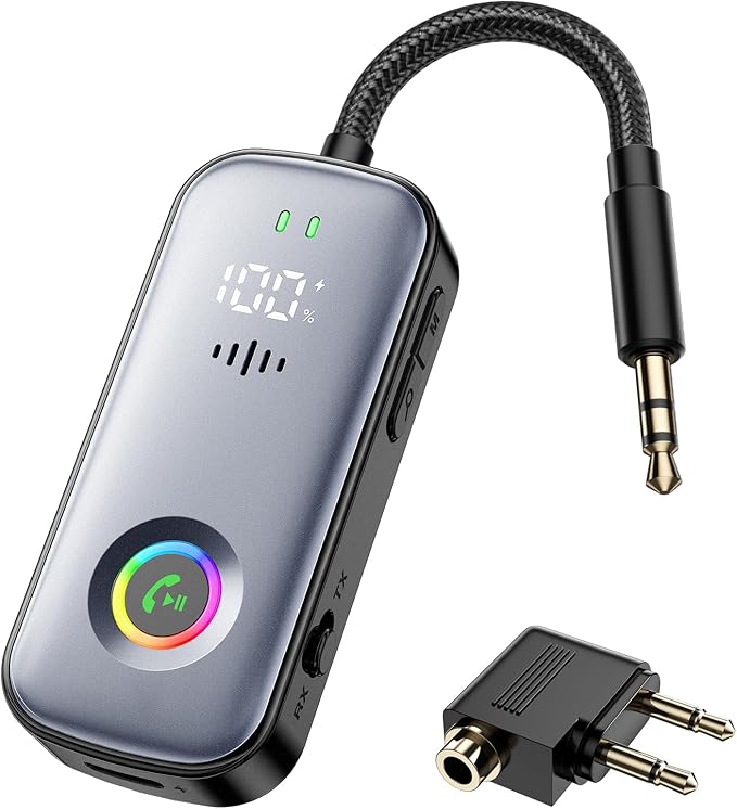 2025 Pro Bluetooth Receiver Transmitter,2-in-1 Wireless Audio Adapter for Airplane/TV/PC/Gym-Dual Link Headphone,Bluetooth Receiver for Car/Home Stereo,Low Latency,Battery Display,Built-in MIC