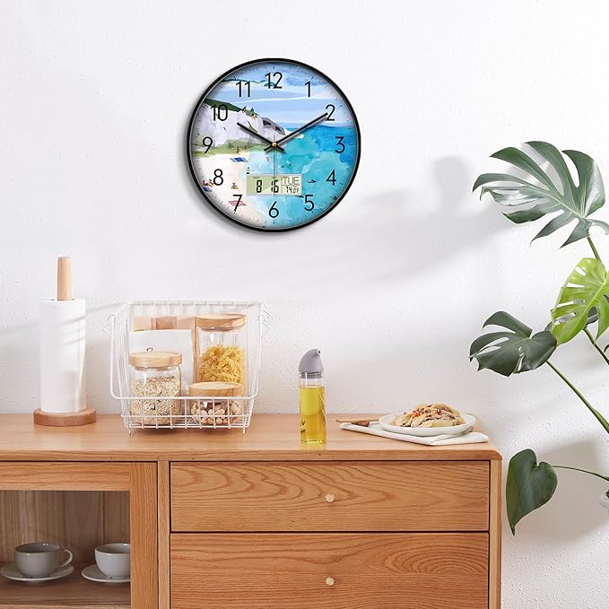 SCOAGE Silent Wall Clock with Temperature Day and Date Blue Mountain and Sea Beach Non-ticking Kitchen Clock Digital Large Display Battery Operated Clocks Decor for Bathroom Living Room Office 14 Inch