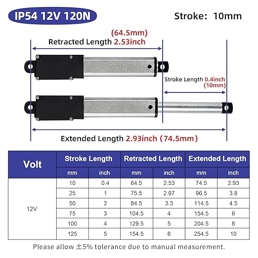0.5 Inch 28lbs Mini Stroke 12V Electric Linear Actuator 4mm/sec Linear Motion Actuator with Brackets for Cabinets, Robotics, Home Automation, Window Opener(120N, 10mm)