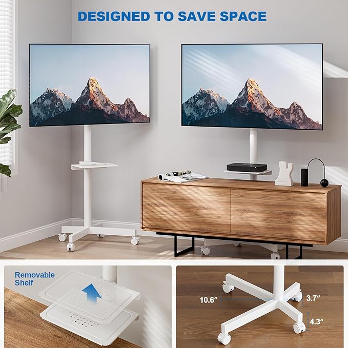 HOLMAXD Mobile TV Stand for 23-65 Inch LCD LED Flat/Curved Panel Screen TVs, Height Adjustable Rolling TV Stand with Tilt Mount and Shelf, Portable Stand Holds up to 110 lbs, Max VESA 400x400mm, White