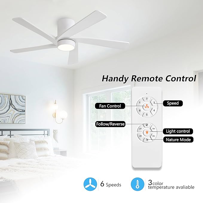 WINGBO 48 Inch Flush Mount DC Ceiling Fan with Lights and Remote, 5 Reversible Carved Wood Blades, 6-Speed Noiseless DC Motor, Hugger Ceiling Fan in White Finish, Low Profile Ceiling Fans, ETL Listed