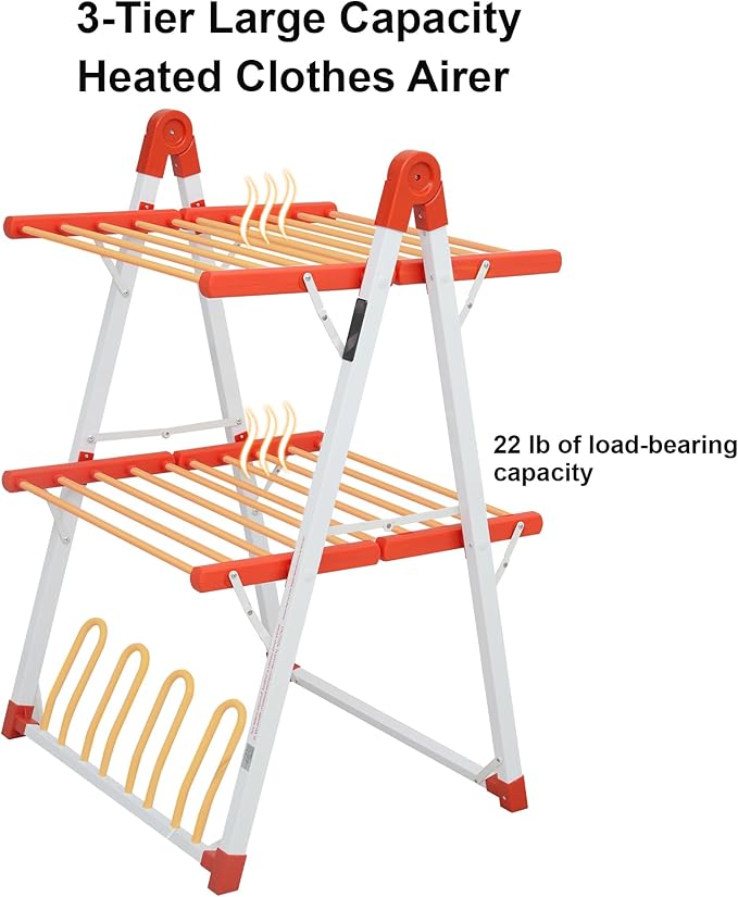 SHARNDY Electric Heated Clothes Drying Rack,Foldable Heated Garment Dryer with Timer Shut-Off Laundry Rack for Clothes Shoes Socks,Aluminum Alloy,Red,Plug & Play,(39.37x25.98x23.82in)