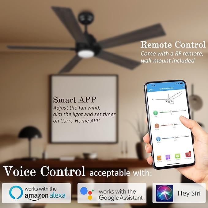 SMAAIR Smart Ceiling Fans with Lights and Remote, 60 Inch Low Profile Ceiling Fan with Dimmable LED Light, 10-Speed Reversible DC Motor Compatible with Alexa/Google Assistant/Siri (Walnut/Light Wood)