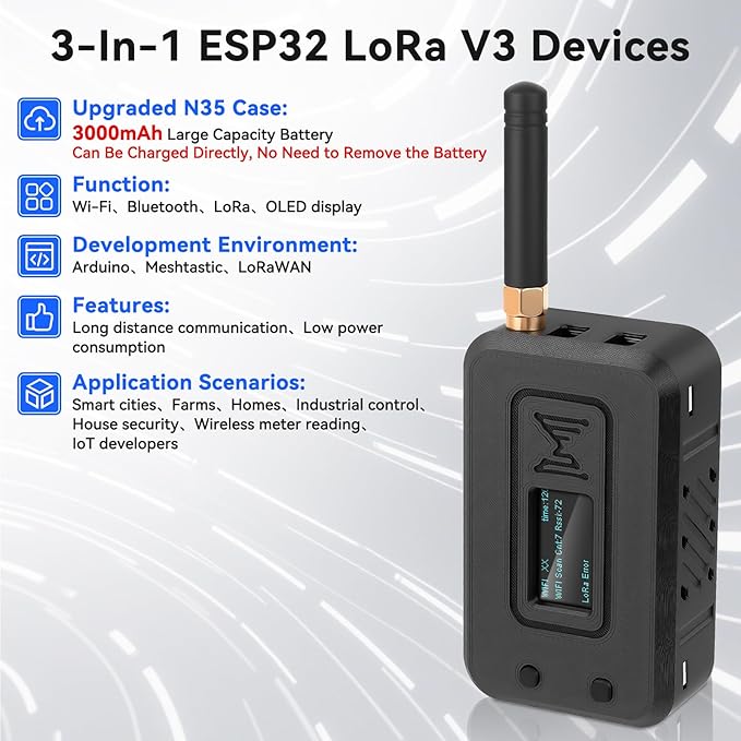 Meshnology 1 Set ESP32 LoRa V3 Module Board with 915 MHz Antenna + 3000mAh Battery + Protect Case - WiFi Blue Tooth SX1262 CP 2102 0.96” OLED Display Type C for Ar duino Meshtastic IOT (N35, Black)