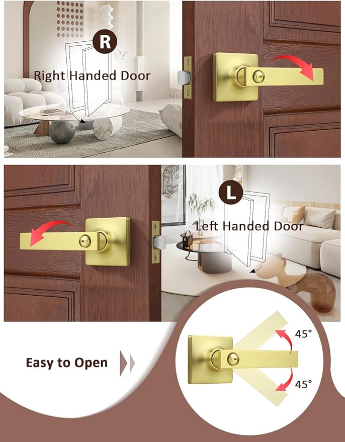 Mengico 8 Pack Gold Privacy Lever Door Handle Interior with Lock, Heavy Duty Square Door Lock for Bed/Bath, Keyless Door Locksets, Reversible for Left Right Handed Doors