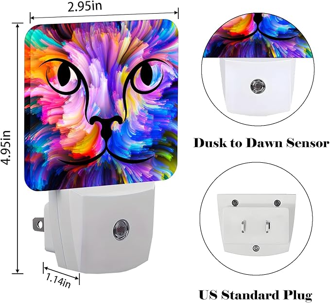 FSHVQKD Colorful Cat Face Night Light,Plug Into Wall Decor for Stairway,Hallway,Kitchen,Dusk to Dawn Sensor Nightlights for Boys/Girls/Women/Men Room Gifts
