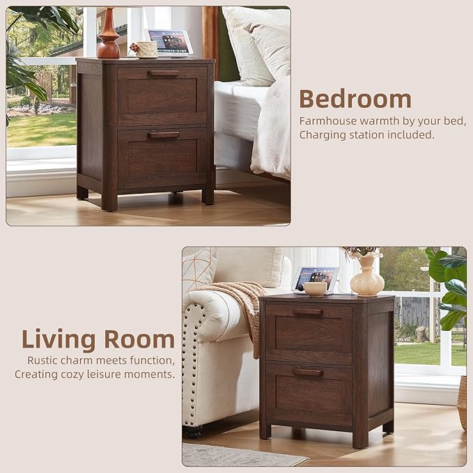 Joaxswe Farmhouse Nightstand with Charging Station, End Tables Bedroom with 2 Large Drawers & 4 Thickened Table Legs, Walnut