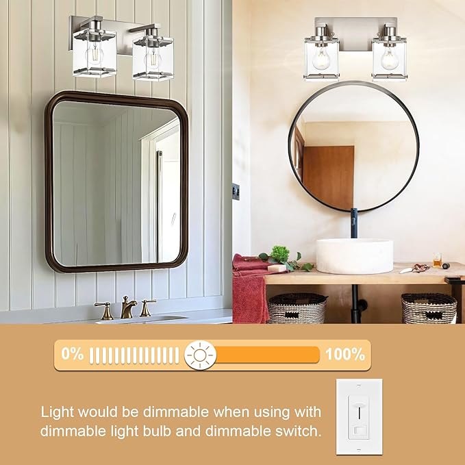 WINSHEN 2-Lights Wall Sconce Lighting E26 Bulb Base, Modern Brushed Nickel Bathroom Vanity Light for Over Mirror Bedroom Cabinet, Wall Light Fixtures with Clear Glass Shades