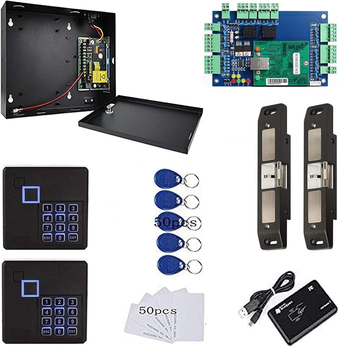 MENGQI-CONTROL 2 Doors Smart Access Control for Fire Exit Door Rim Exit Devices with Push Bar Electric Strike Lock RFID Keypad Reader 110V Power Supply Box Keychains Cards(Phone APP Remote Open Door)
