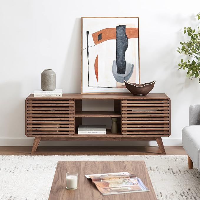 mopio Ensley TV Stand, Mid Century Modern for 55/60/65 inch TV, Farmhouse TV Stand, Entertainment Center with Storage, TV and Media Console for Living Room (Walnut, 59" Tall)