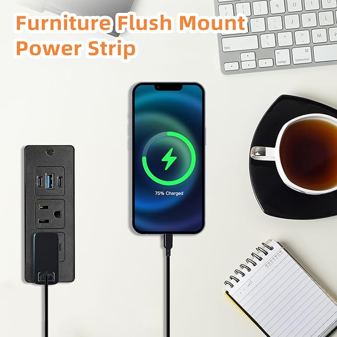 2 Pack Recessed Power Strips USB, 20W Fast Charging Furniture Outlets - 2 AC & 3 USB (2 USB-C + 1 USB-A) for Desk, Bedside, Drawer - Space-Saving, 6FT Cord, Black