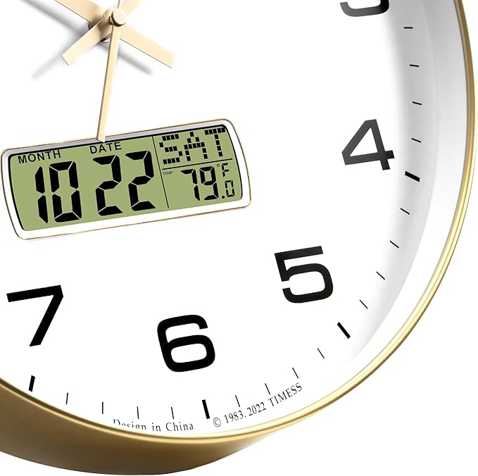 TIMESS Wall Clock, 14" Large Dial Non-Ticking Silent Battery Operated Analog with LCD Display for Perpetual Calendar and F° Temperature, Ideal Modern Home, Bedroom, Office Decor (Gold)