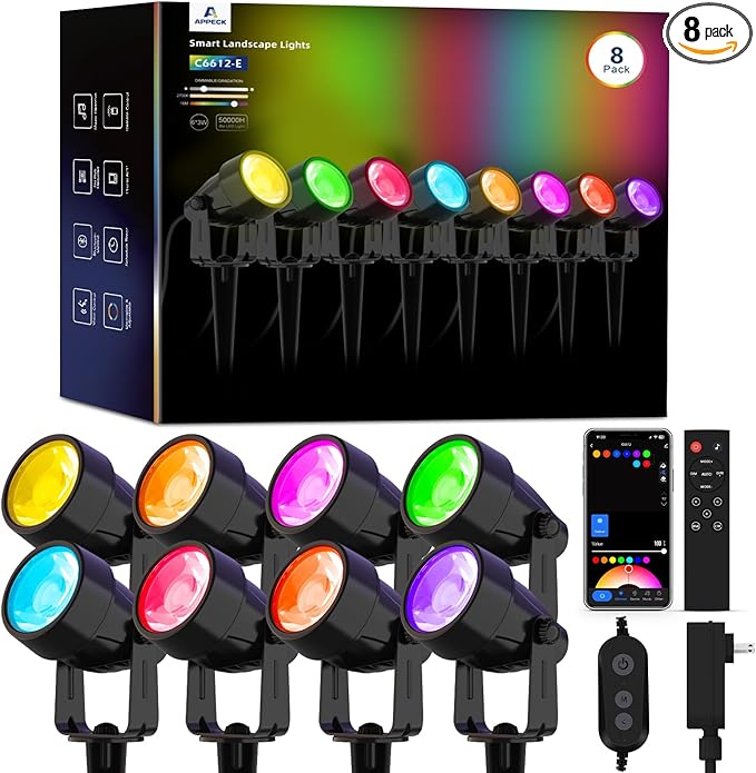 APPECK Low Voltage Landscape Lights, Smart RGBW Color Changing Landscape Lighting with APP Control, IP65 Waterproof Outdoor Spotlights for Garden Yard Outside Decoration, 8 Pack